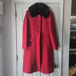 Kate Spade Red Wool Coat with Removable Black Collar Sz 8 NWT